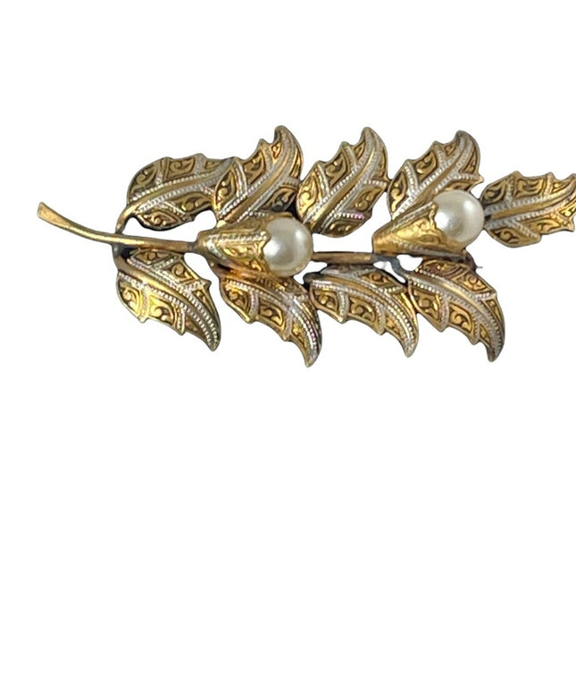 Vintage Damascene Gold plate pearl enameled flower brooch