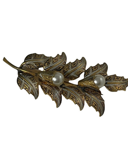 Vintage Damascene Gold plate pearl enameled flower brooch