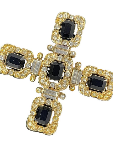 Vintage Ornate art deco style 1980s crystal brooch pendant cross gold
