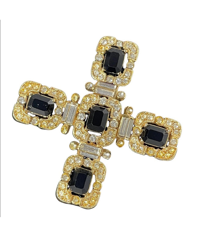 Vintage Ornate art deco style 1980s crystal brooch pendant cross gold