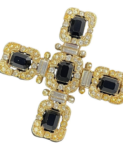 Vintage Ornate art deco style 1980s crystal brooch pendant cross gold