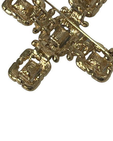 Vintage Ornate art deco style 1980s crystal brooch pendant cross gold