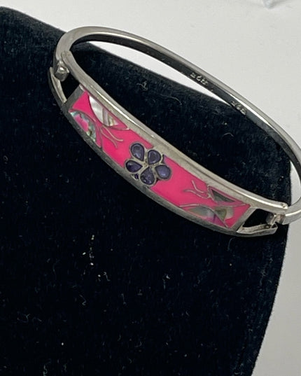 sterling silver 925 vintage flower abalone bangle 2.5” bracelet
