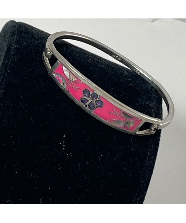 sterling silver 925 vintage flower abalone bangle 2.5” bracelet