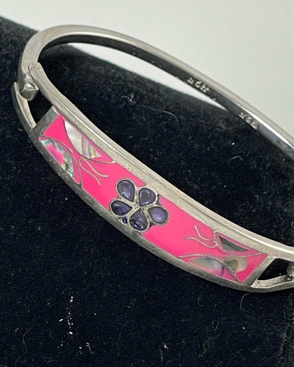 sterling silver 925 vintage flower abalone bangle 2.5” bracelet