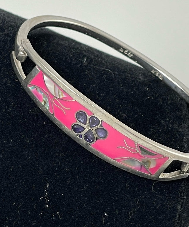 sterling silver 925 vintage flower abalone bangle 2.5” bracelet