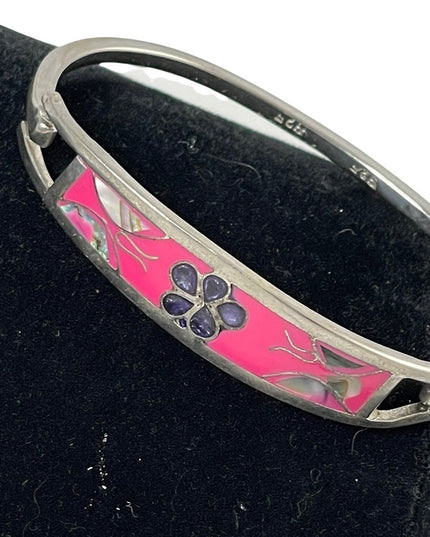 sterling silver 925 vintage flower abalone bangle 2.5” bracelet