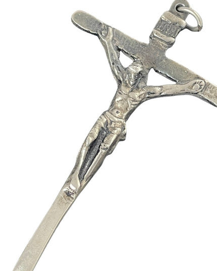 Antique handmade LARGE silver crucifix Catholic pendant necklace