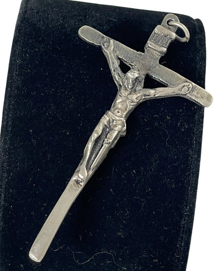 Antique handmade LARGE silver crucifix Catholic pendant necklace