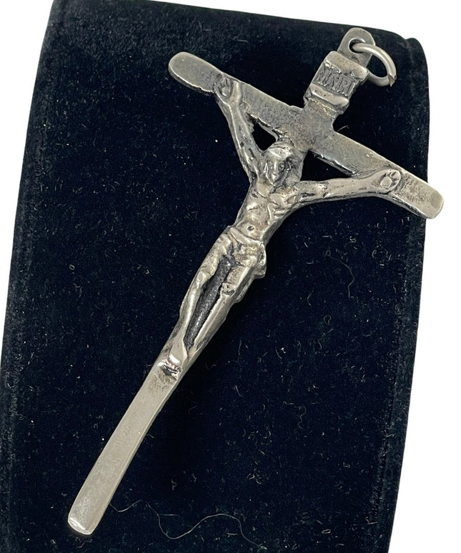 Antique handmade LARGE silver crucifix Catholic pendant necklace