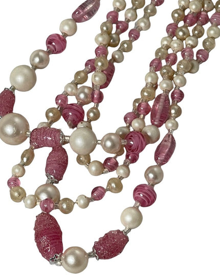 Vintage 1950s Faux pearl Italian murano glass pink fancy bead 3 strand necklace