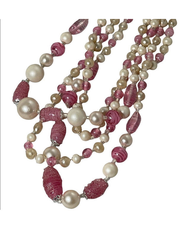 Vintage 1950s Faux pearl Italian murano glass pink fancy bead 3 strand necklace