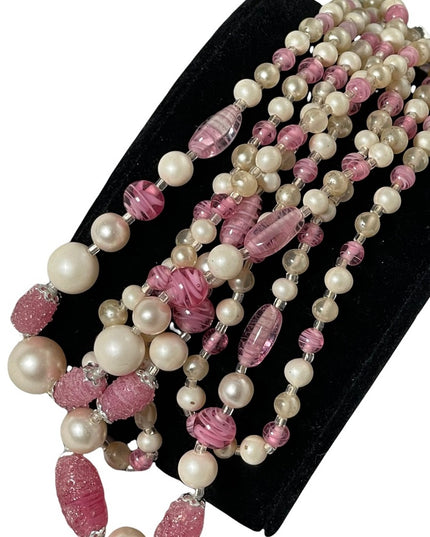 Vintage 1950s Faux pearl Italian murano glass pink fancy bead 3 strand necklace
