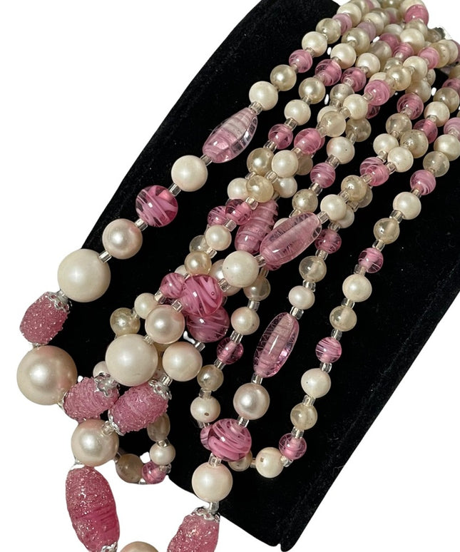Vintage 1950s Faux pearl Italian murano glass pink fancy bead 3 strand necklace