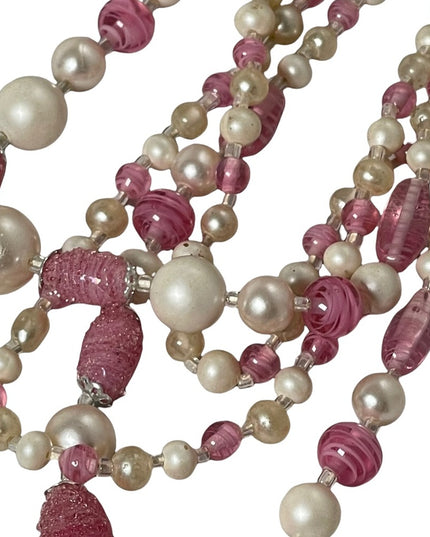 Vintage 1950s Faux pearl Italian murano glass pink fancy bead 3 strand necklace