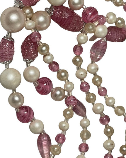 Vintage 1950s Faux pearl Italian murano glass pink fancy bead 3 strand necklace
