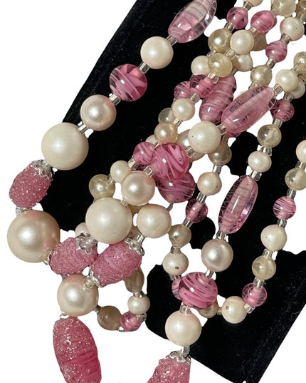 Vintage 1950s Faux pearl Italian murano glass pink fancy bead 3 strand necklace