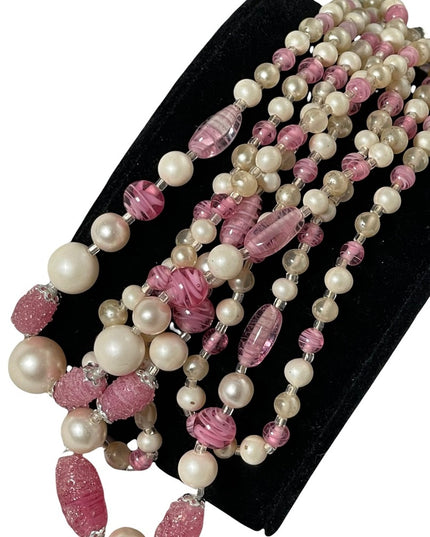 Vintage 1950s Faux pearl Italian murano glass pink fancy bead 3 strand necklace