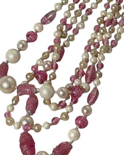 Vintage 1950s Faux pearl Italian murano glass pink fancy bead 3 strand necklace