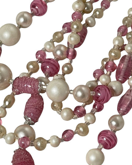 Vintage 1950s Faux pearl Italian murano glass pink fancy bead 3 strand necklace