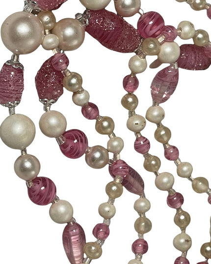 Vintage 1950s Faux pearl Italian murano glass pink fancy bead 3 strand necklace