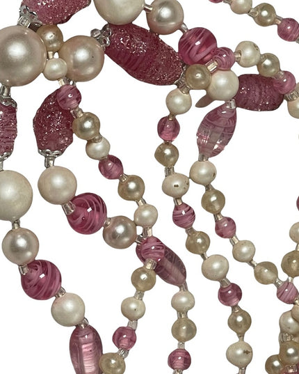 Vintage 1950s Faux pearl Italian murano glass pink fancy bead 3 strand necklace