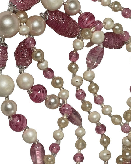 Vintage 1950s Faux pearl Italian murano glass pink fancy bead 3 strand necklace