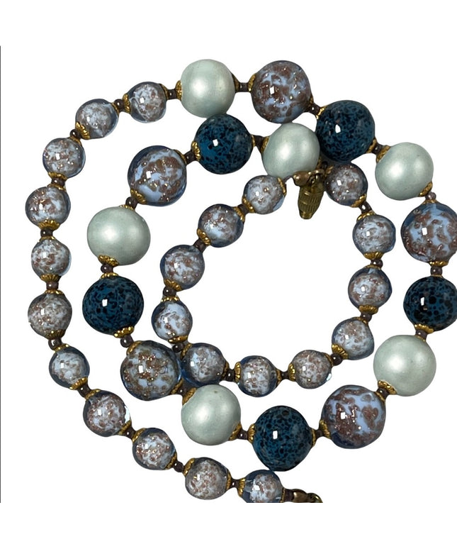 Vintage Italian Venetian Murano glass bead necklace Italy copper spun blue hues