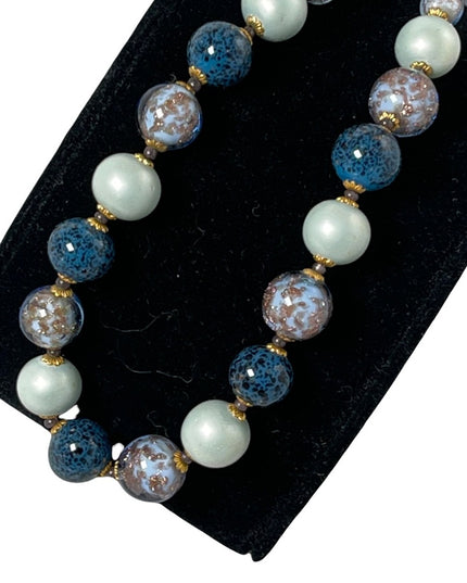 Vintage Italian Venetian Murano glass bead necklace Italy copper spun blue hues