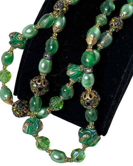 Stunning vintage green Italian Murano Venetian glass bead necklace 2 strand