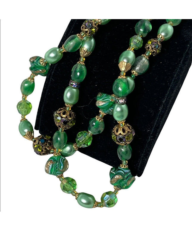 Stunning vintage green Italian Murano Venetian glass bead necklace 2 strand