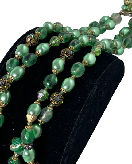Stunning vintage green Italian Murano Venetian glass bead necklace 2 strand