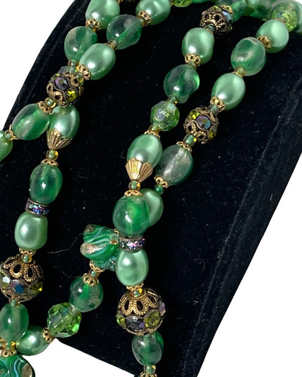 Stunning vintage green Italian Murano Venetian glass bead necklace 2 strand