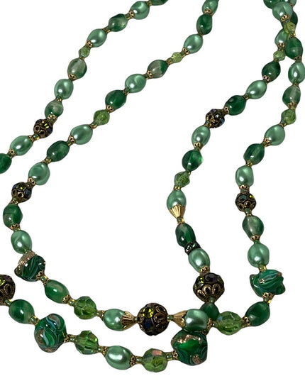 Stunning vintage green Italian Murano Venetian glass bead necklace 2 strand
