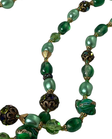 Stunning vintage green Italian Murano Venetian glass bead necklace 2 strand