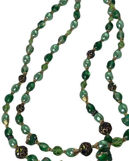 Stunning vintage green Italian Murano Venetian glass bead necklace 2 strand