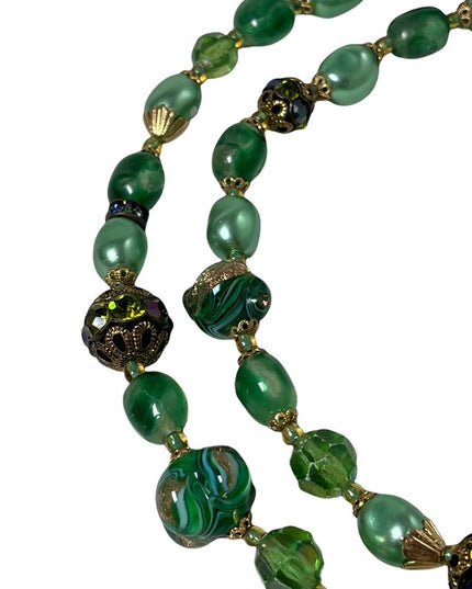 Stunning vintage green Italian Murano Venetian glass bead necklace 2 strand