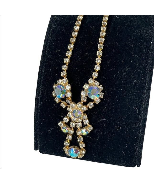 Vintage gold finish AB crystal fancy crystal necklace party wedding 1960s