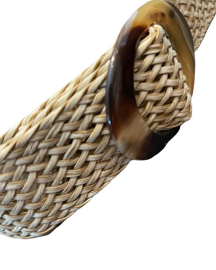 Vintage Basket weave plastic with lucite buckle belt up to 44”