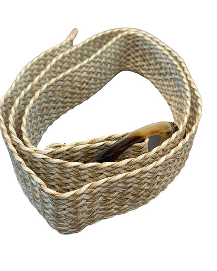 Vintage Basket weave plastic with lucite buckle belt up to 44”