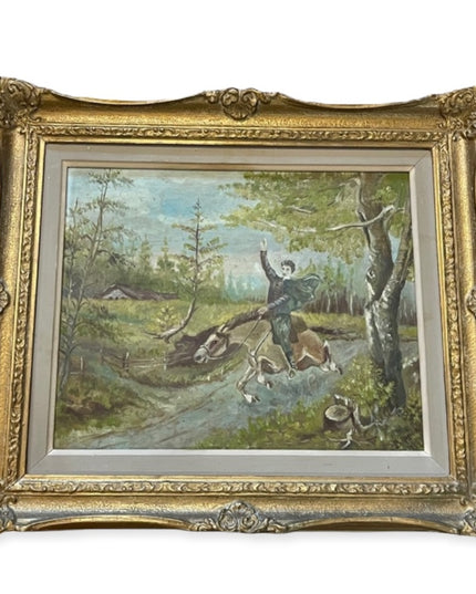 Vintage Signed oil painting Man on horse gold gilt ornate wood frame
