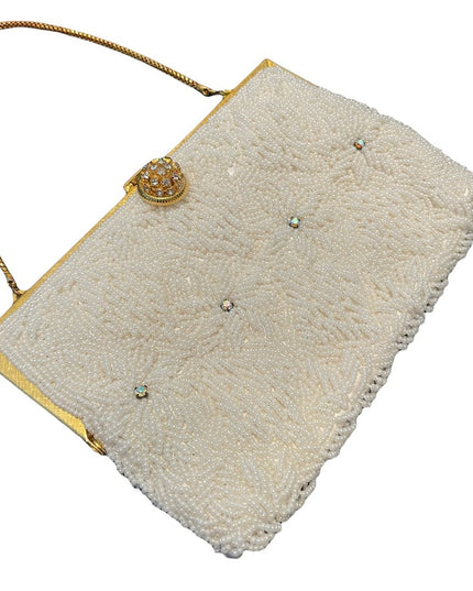 VTG seed beed fancy gold crystal event purse wedding evening Wristlet 💗 white