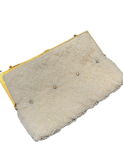 VTG seed beed fancy gold crystal event purse wedding evening Wristlet 💗 white