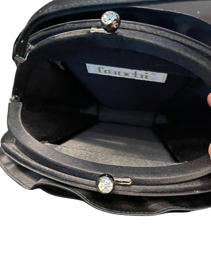 Black Sateen FRANCHI flower evening bag wristlet rhinestone kiss lock