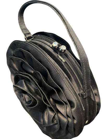 Black Sateen FRANCHI flower evening bag wristlet rhinestone kiss lock