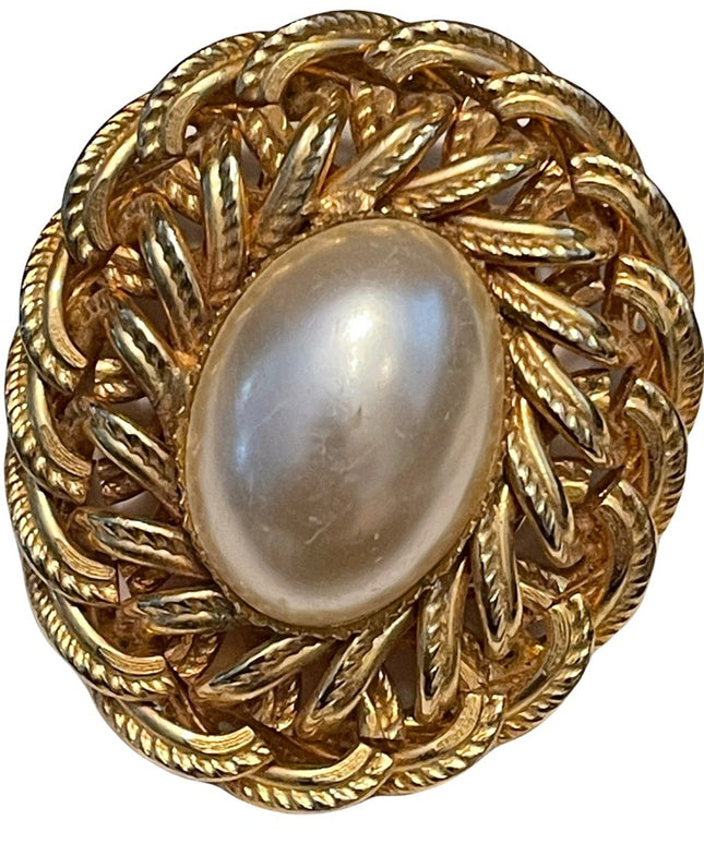 Vintage 1980s Faux pearl Large Scarf clip gold finish