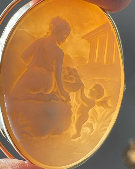 14K Gold Victorian cherub with goddess Italian Cameo brooch  pendant