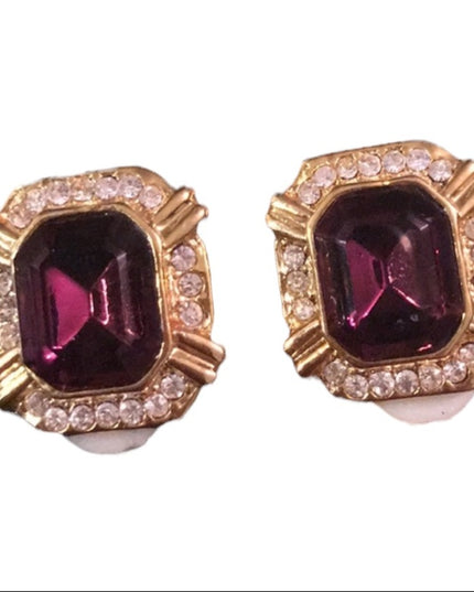 Vintage purple crystal Gold tone clip on earrings