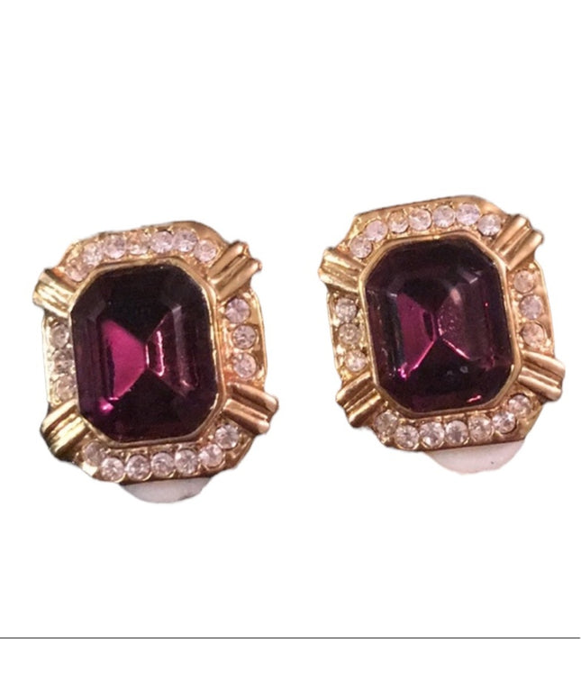 Vintage purple crystal Gold tone clip on earrings