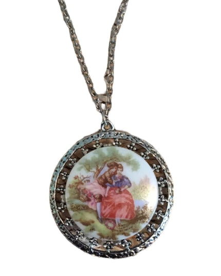Beautiful Victorian scene silver finish large vintage pendant necklace cameo